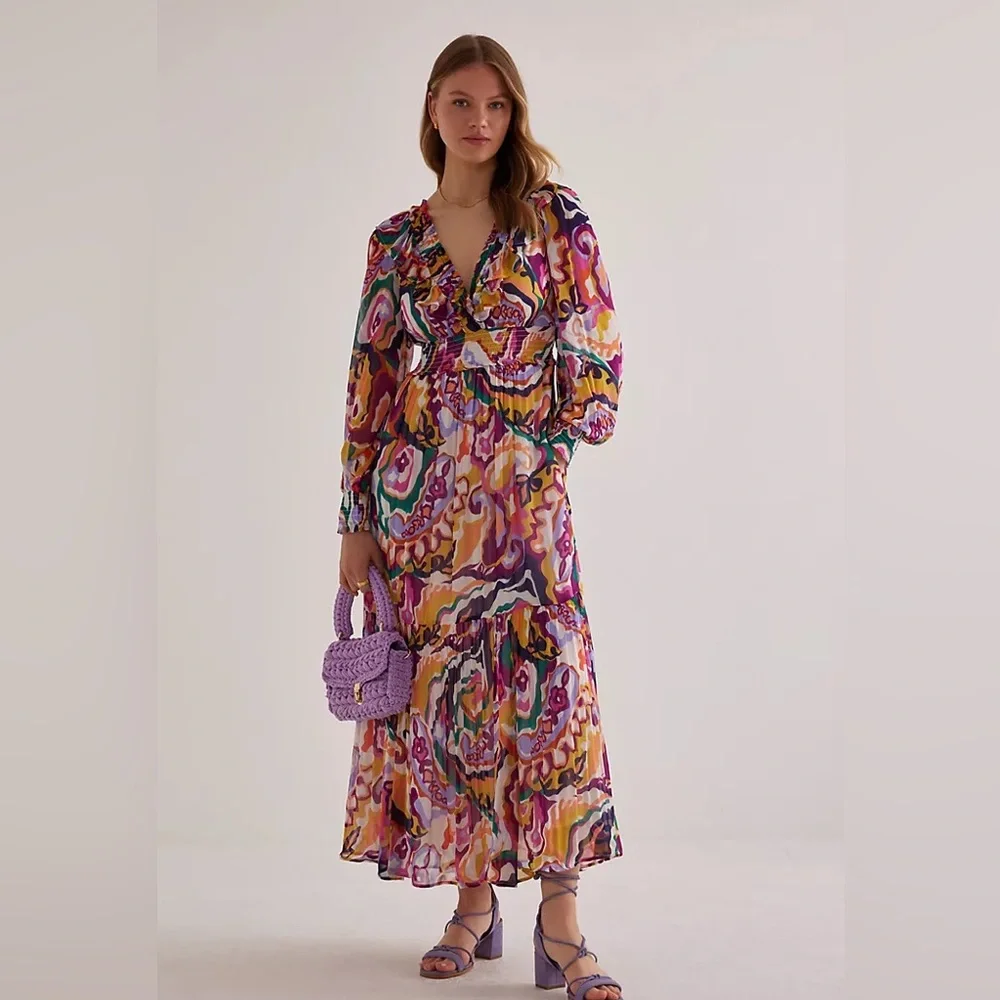 NWT Anthropologie Odetta Ruffled V-Neck Dress Large - Picture 3 of 9